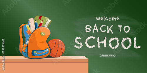 The horizontal "Back to School" banner. A backpack with a textbook, pencils, ruler, eraser, basketball on the school desk. A green chalkboard stained with chalk. An educational concept. Vector.