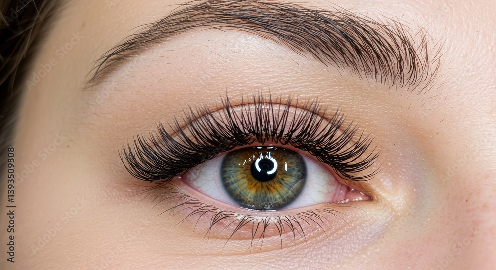Obraz premium A close up of a hazel eye with long eyelashes and a defined eyebrow on fair skin tone detail