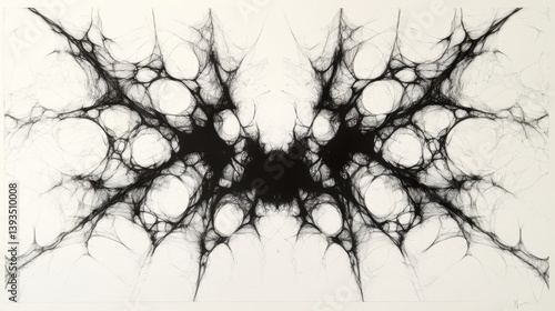 Intricate, dark fractal pattern resembling branching roots or neural networks against a pale background. Abstract and organic in form