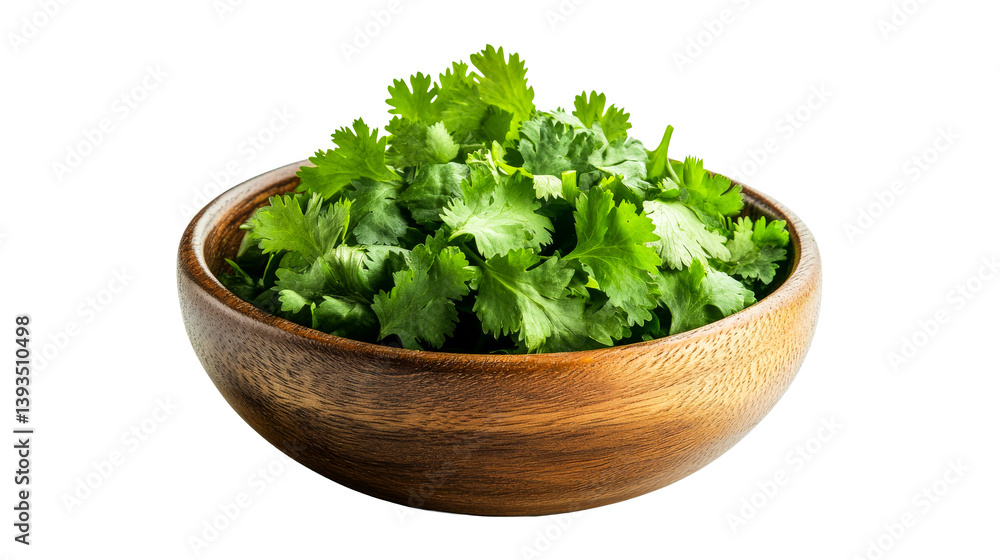 Cilantro in wooden bowl, herbs, ingredient, food photography, cut out transparent