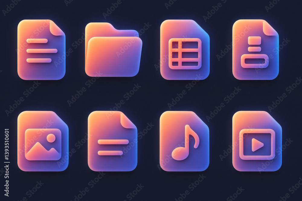 Vibrant 3d icon set: files, documents, and media ui elements for digital projects Vibrant 3d icon set: files, documents, and media ui elements for digital projects