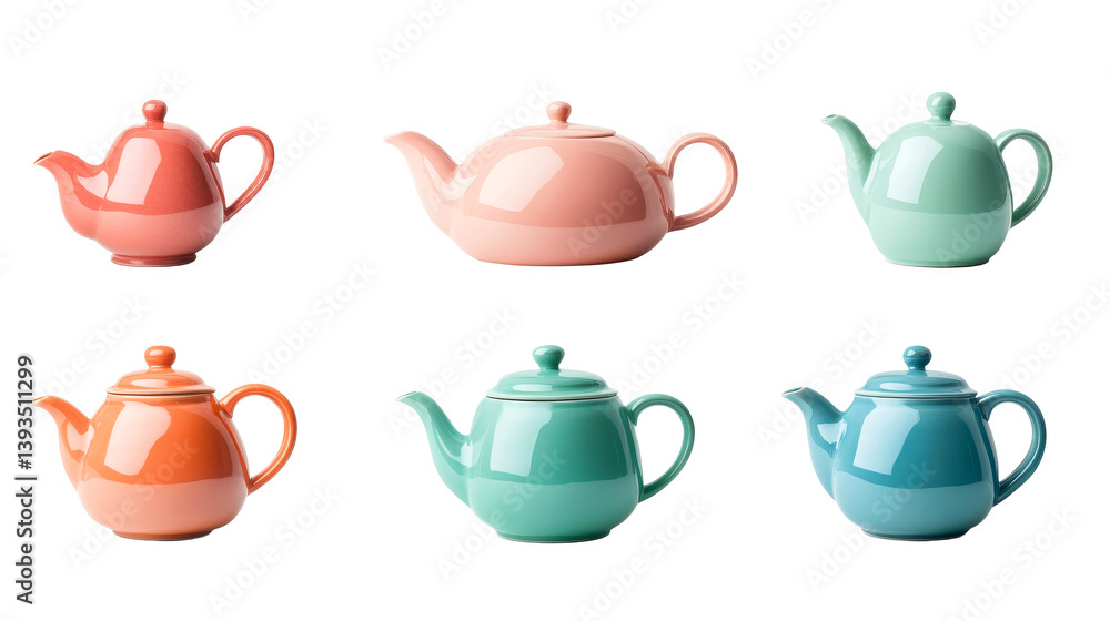 Assorted pastel teapots against black background, cut out transparent Assorted pastel teapots against black background, cut out transparent