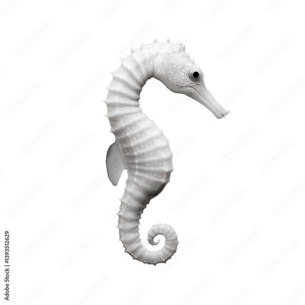 White seahorse floating upright, showing its curled tail and ridged body, on a transparent background