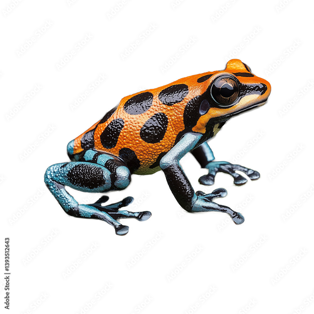 Poison dart frog with bright yellow and black patterns, sitting on a green leaf, on a transparent background