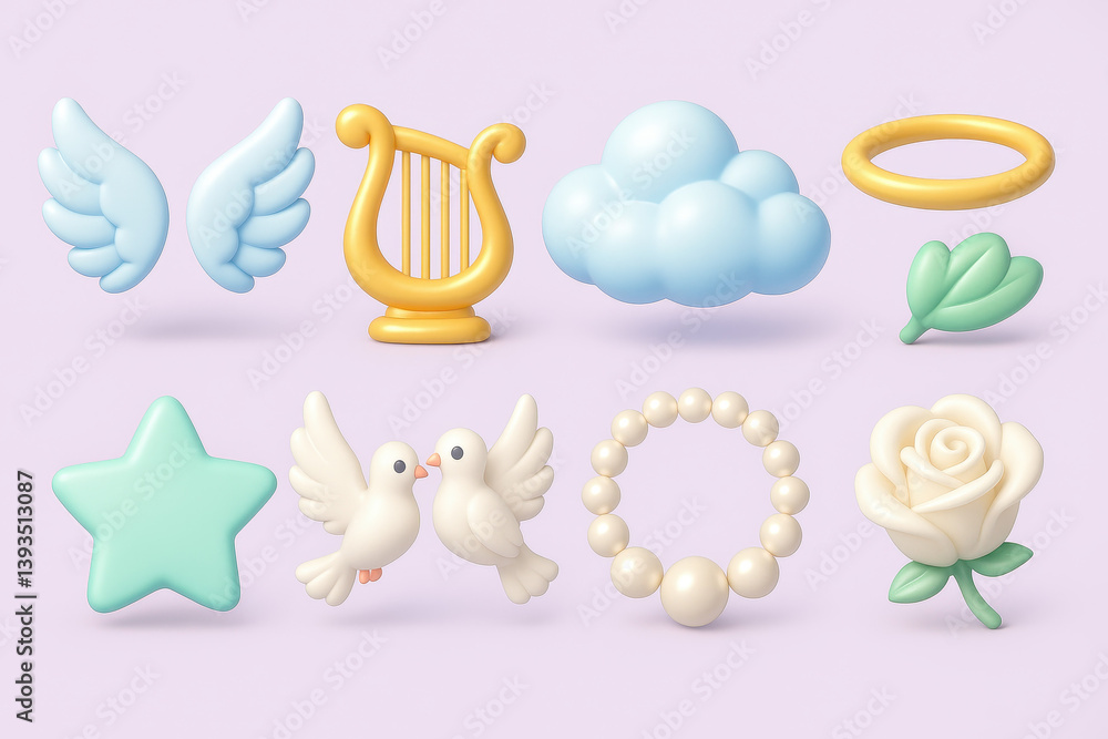 Heavenly theme icons set: 3d wing, harp, cloud, halo, star, dove, rose, leaf, pearl icons Heavenly theme icons set: 3d wing, harp, cloud, halo, star, dove, rose, leaf, pearl icons