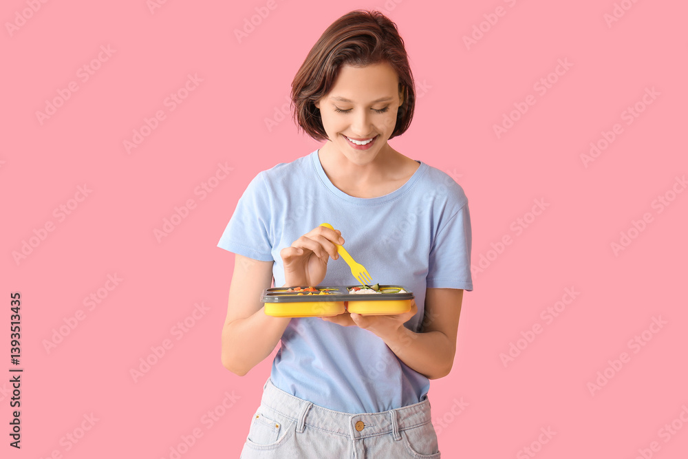 Beautiful young happy woman with lunchbox of tasty food on pink background