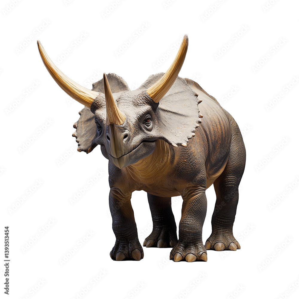 Triceratops walking forward with its large horns and frill, on a transparent background