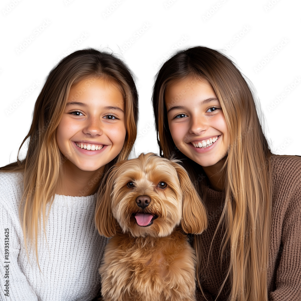 Two smiling girls posing with a small dog, all looking at the camera, on a transparent background