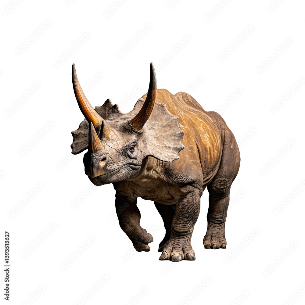 Triceratops standing with its horns and large frill visible, on a transparent background