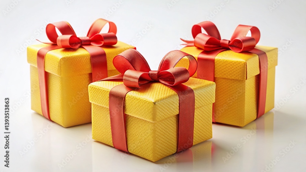 Fototapeta premium Stylish Yellow Holiday Gift Boxes with Red Accents Modern 3D Rendered Presents for Festive Gifting