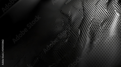 Black Perforated Sheet: A close-up shot of a textured, abstract background created by a black perforated sheet. It's an aesthetic design, displaying shadows and light.