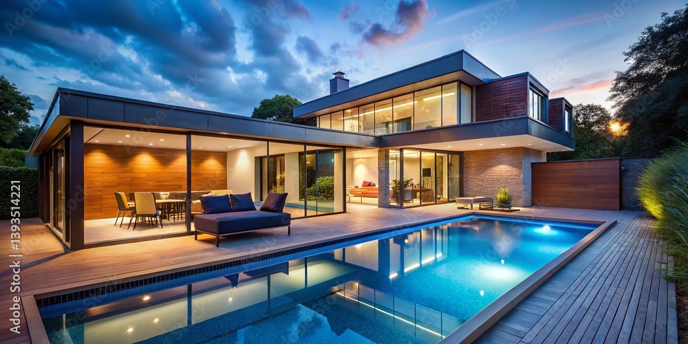 Fototapeta premium Serene Evening Relaxation Modern House Extension with Pool at Dusk A Stunning Architectural Retreat