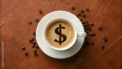 Xícara de café preto, estilo fotografia de produto, vista de cima, desenho de barrista de um cifrão representado o aumento do valor do café. Foto de produto, cafeteria, economia, inflação. Cafeina,pic