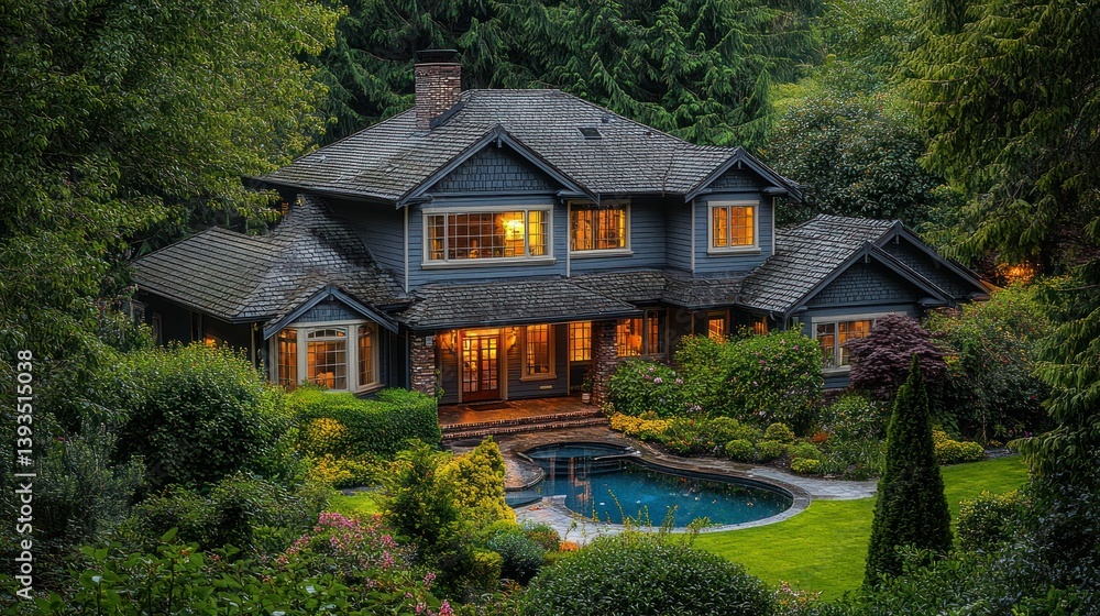 Large house with pool surrounded by lush green foliage, warmly lit at dusk Large house with pool surrounded by lush green foliage, warmly lit at dusk