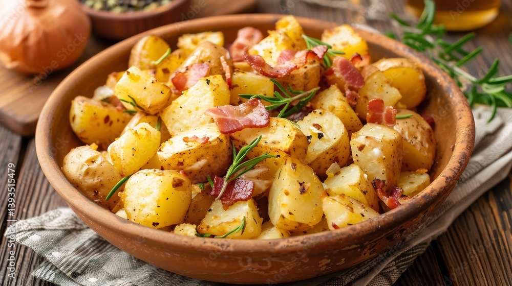 Hearty German potato salad red potatoes crispy bacon and tangy mustard dressing served warm in a rustic ceramic bowl top down presentation Hearty German potato salad red potatoes crispy bacon and tangy mustard dressing served warm in a rustic ceramic bowl top down presentation