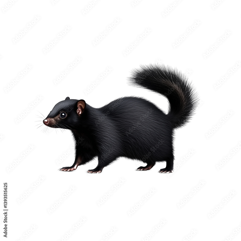 Skunk standing still with its distinctive black and white fur, tail raised, transparent background