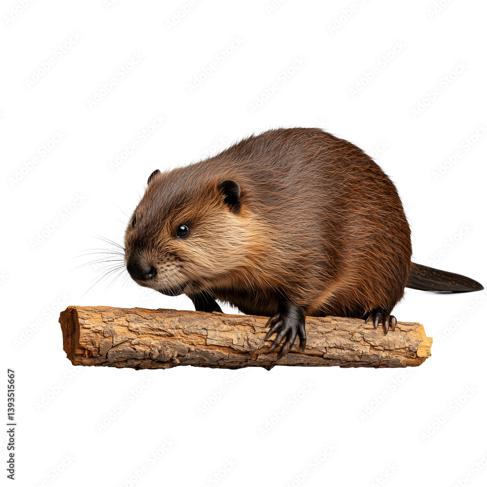 Beaver sitting on a log with its tail visible, transparent background