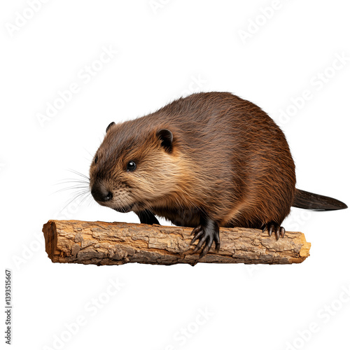 Obraz na płótnie Beaver sitting on a log with its tail visible, transparent background w salonie