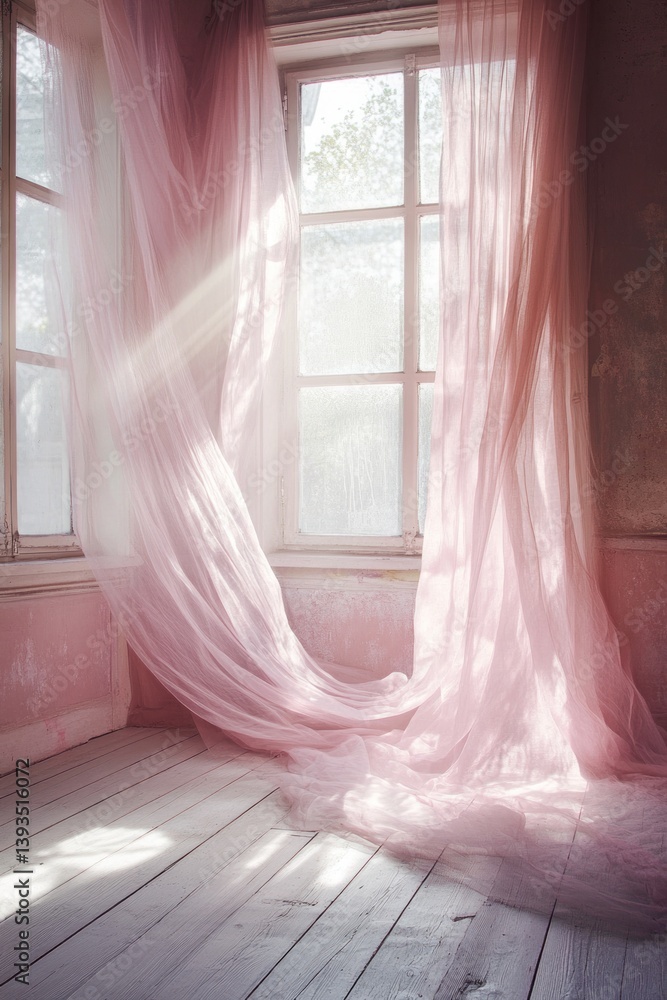 Pink curtains billowing gracefully in front of a window Pink curtains billowing gracefully in front of a window