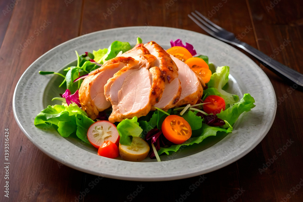Grilled chicken salad with fresh vegetables served on a plate Generative AI Grilled chicken salad with fresh vegetables served on a plate Generative AI