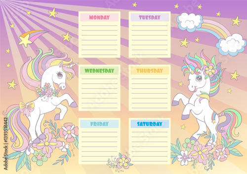 Cute Unicorn schedule, weekly planner and school time table design with magic horses rainbow, flowers, stars. Vector illustration. Printable organizer sheet. Ready to print design.