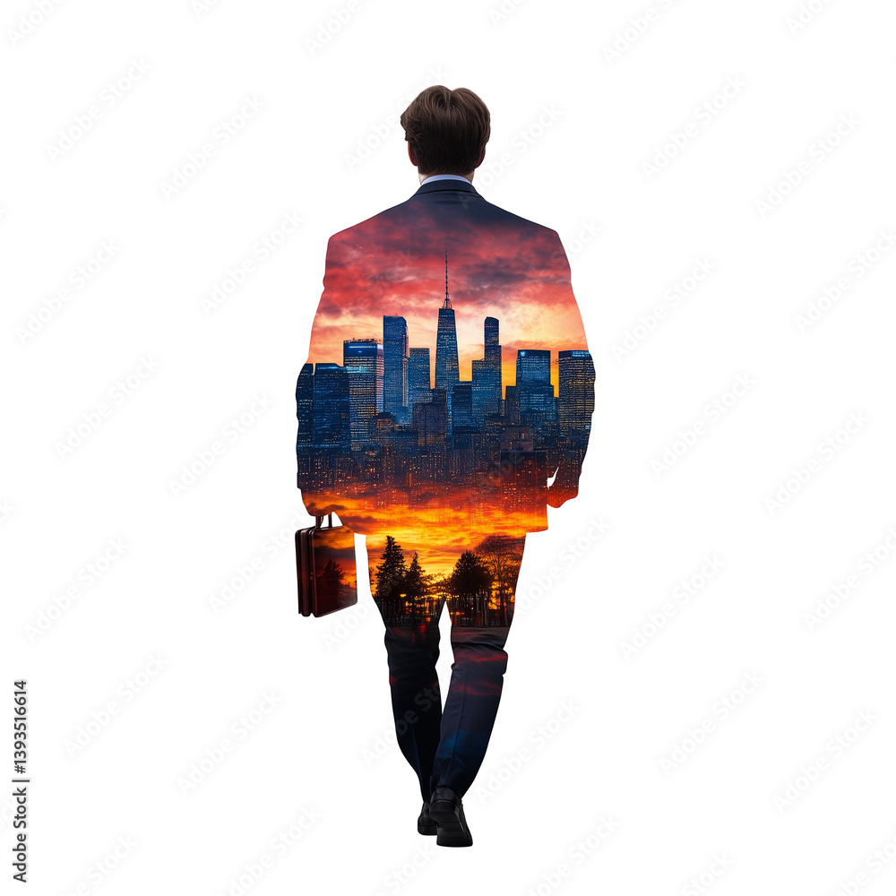 Businessman walking with a cityscape embedded in his figure, transparent background