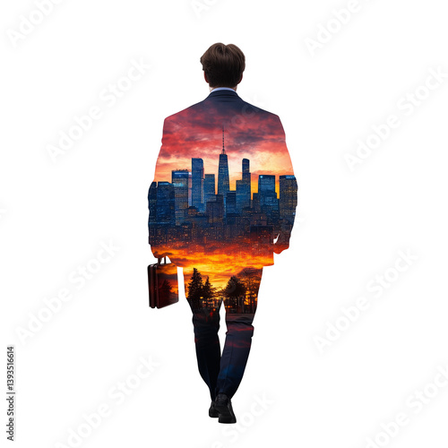 Obraz na płótnie Businessman walking with a cityscape embedded in his figure, transparent background w salonie