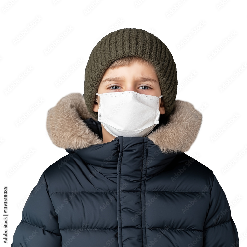 Young boy in a winter jacket and knit hat wearing a face mask, isolated on a transparent background
