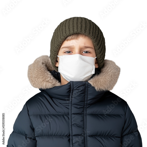 Obraz na płótnie Young boy in a winter jacket and knit hat wearing a face mask, isolated on a transparent background w salonie