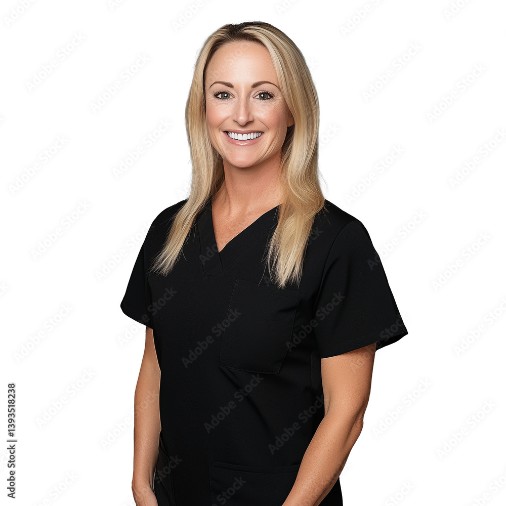 Smiling blonde woman in black scrubs standing confidently, isolated on a transparent background