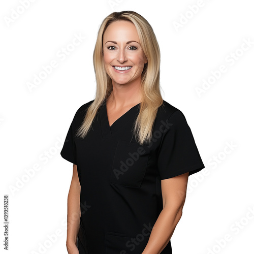 Obraz na płótnie Smiling blonde woman in black scrubs standing confidently, isolated on a transparent background w salonie