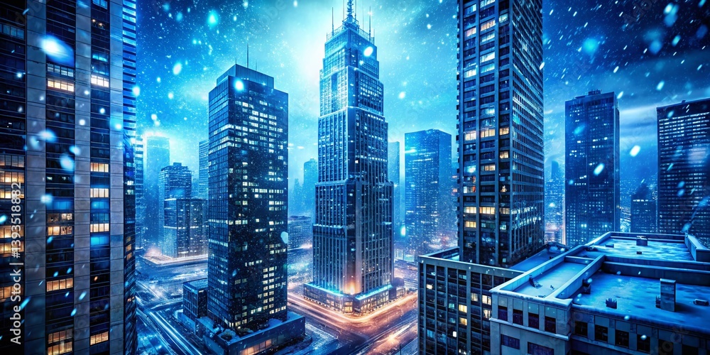 Obraz premium Enthralling Winter Cityscape Modern Skyscraper Illuminated by Vibrant Blue Neon Lights Against a Snowy Night