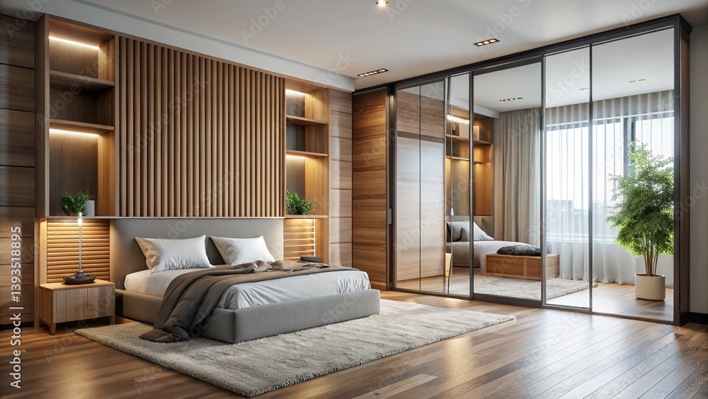 Naklejka premium Sleek Modern Sliding Glass Wardrobe with Wood Accents Interior Design Inspiration for a Contemporary Bedroom