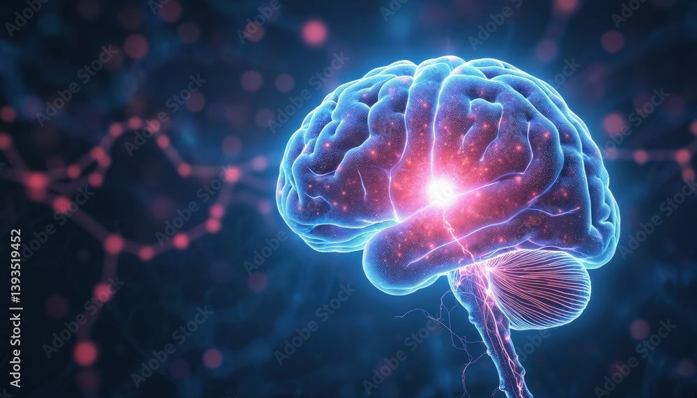Abstract illustration of human brain with glowing neural network electric activity. Represents neuroscience, neurological conditions, artificial intelligence, cognition research, mental health tech, Abstract illustration of human brain with glowing neural network electric activity. Represents neuroscience, neurological conditions, artificial intelligence, cognition research, mental health tech,