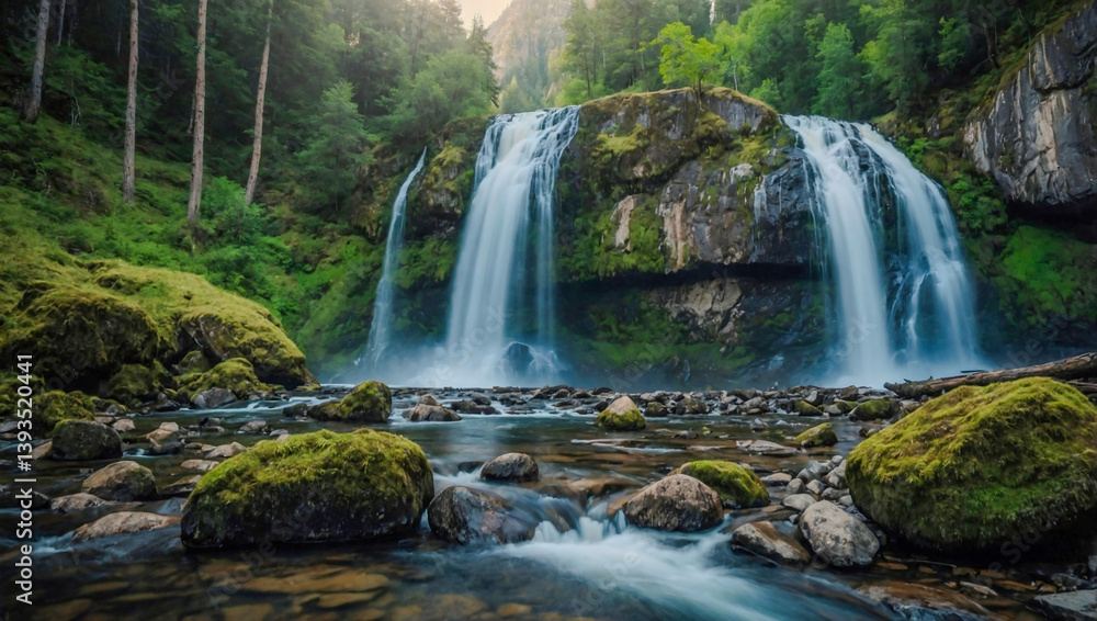 Obraz premium Pilj Waterfall cascading from rocks in a mountain forest