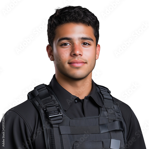 Obraz na płótnie Young man wearing tactical vest with a serious expression, isolated on a transparent background w salonie