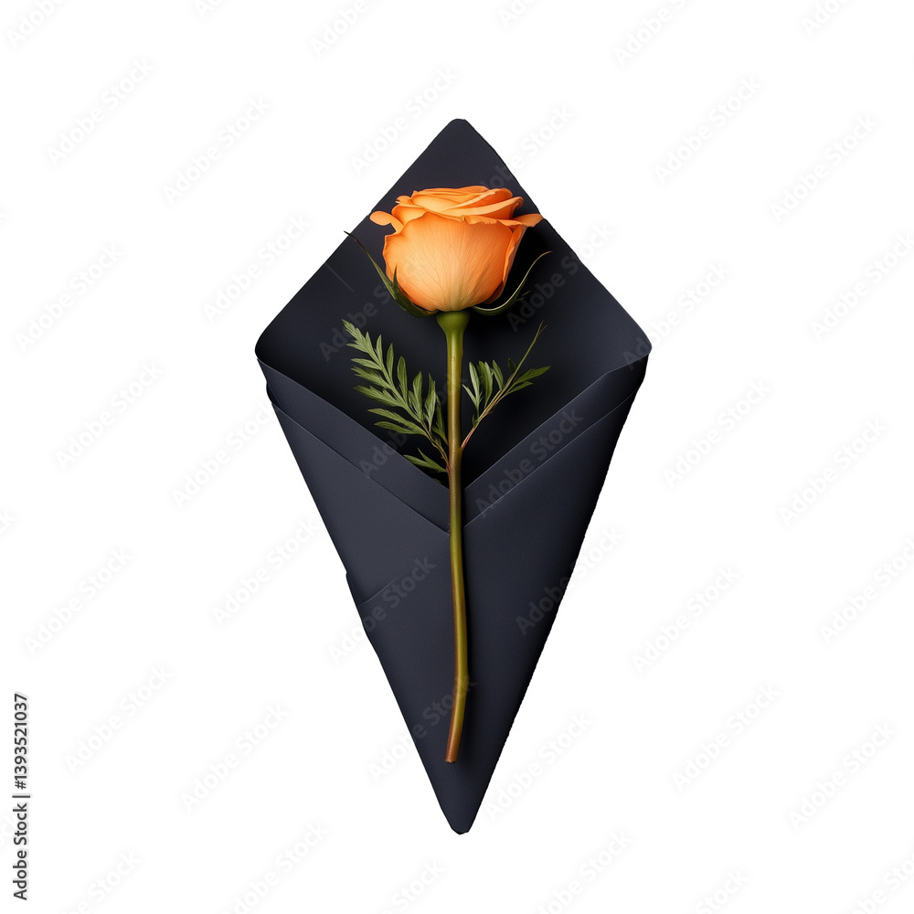 Single orange rose wrapped in black envelope, isolated on a transparent background