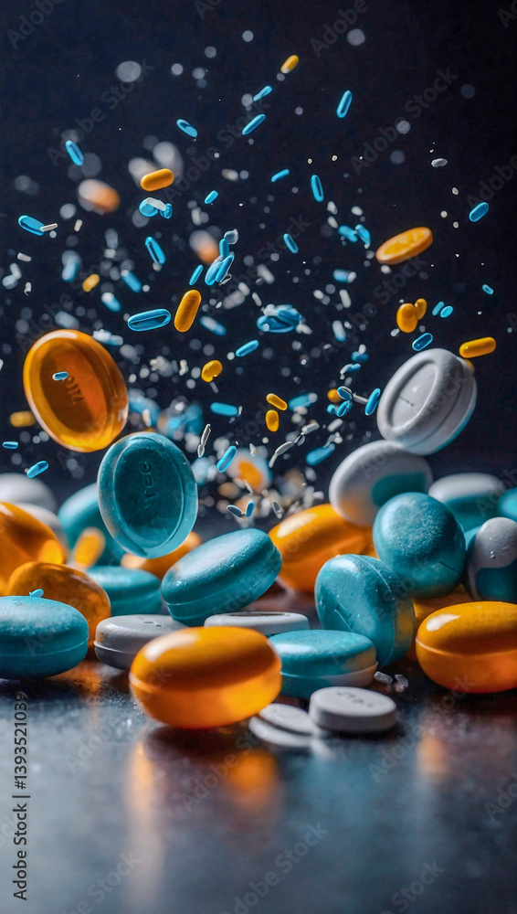 Pills bouncing in slow motion