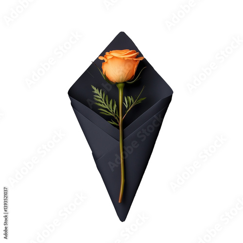 Obraz na płótnie Single orange rose wrapped in black envelope, isolated on a transparent background w salonie
