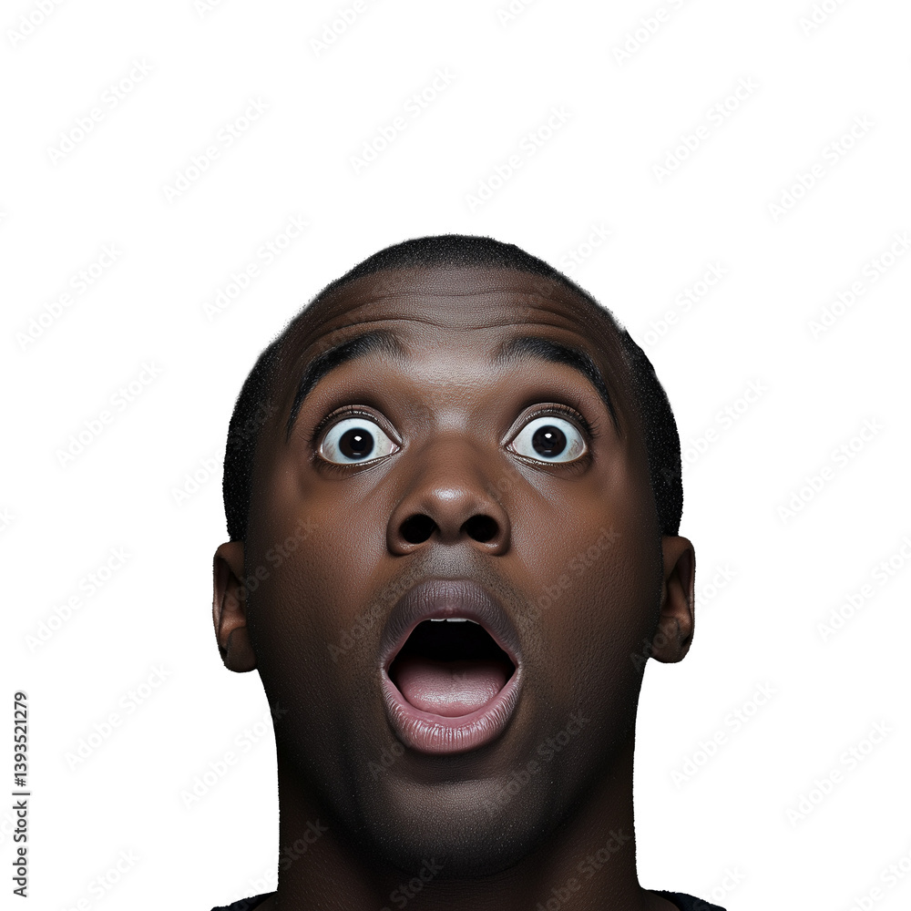 Shocked man with wide eyes and open mouth, isolated on a transparent background