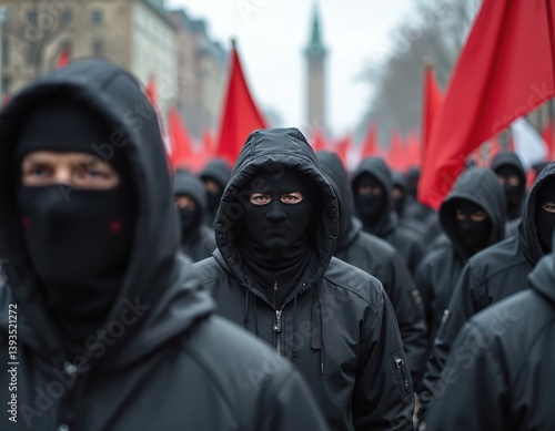 Group people in black balaclavas march, holding red flags. Demonstrators protest in street. Social movement, political activism, far-right ideology. Nationalism, xenophobia. Political demonstration.
