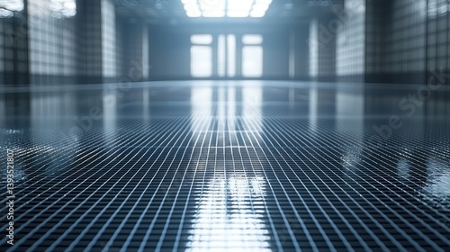 Metallic gridded floor reflects light in a clean corridor toward a distant door