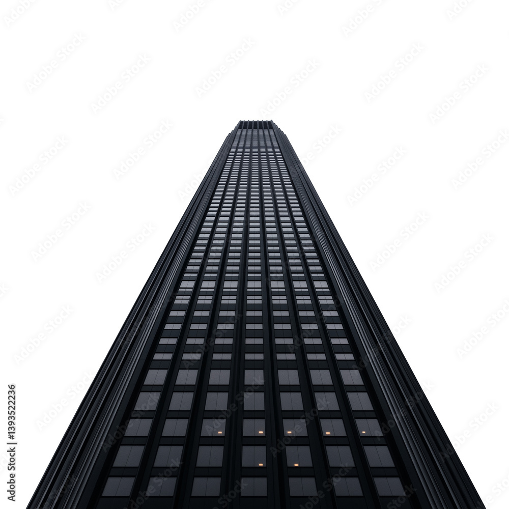 Tall black skyscraper viewed from below, isolated on a transparent background