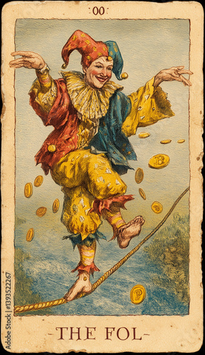 a weathered and grimy looking tarot card of The Fool 