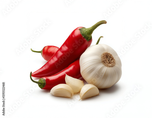 Fresh red chili pepper, sliced onion and garlic isolated on white background
