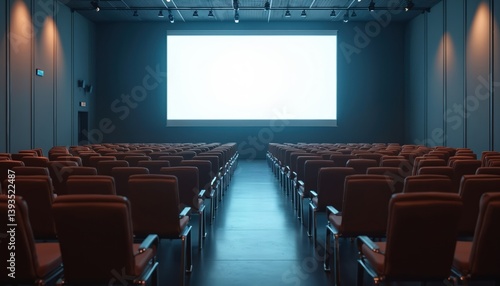 Obraz na płótnie Empty mockup billboard screen in tech conference hall. Rows of empty chairs ready for audience, stage with white projection screen. Ideal for advertising, presentation, display or event announcement. w salonie