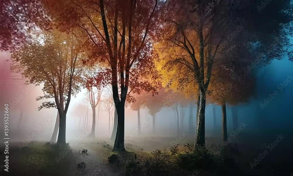Misty forest with towering tall trees fading into soft atmospheric morning fog
Misty forest with towering tall trees fading into soft atmospheric morning fog
