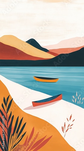 Canoe on Foggy Morning Lake. A colorful illustration (AI)