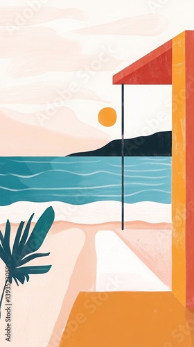 Outdoor Shower by the Beach A colorful illustration in warm hues and vibrant colors. AI