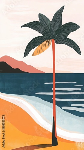 Palm Tree Silhouette at Sunset A colorful illustration in warm hues and vibrant colors. AI